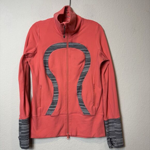Lululemon In Stride Jacket Full Zip Coral Coal Strata Stripe Thumbholes Size 8 - Picture 14 of 14